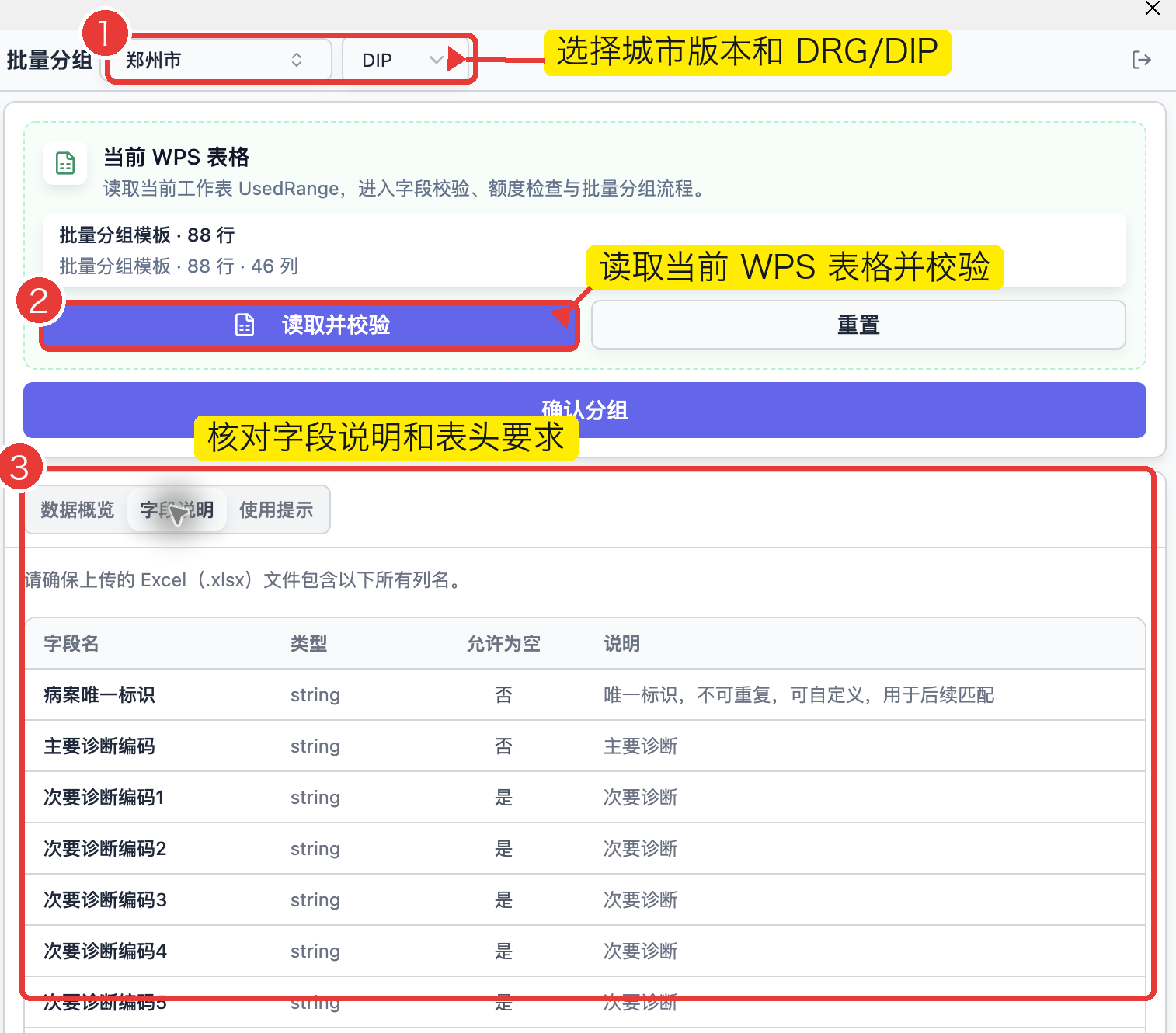 WPS 批量分组侧栏，标出城市类型选择、读取并校验按钮和字段说明区域