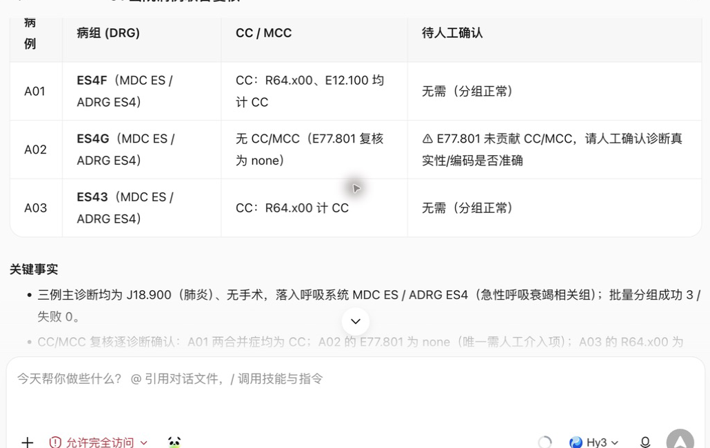 WorkBuddy 中出院病例分组复核的真实运行结果和 Hy3 标识