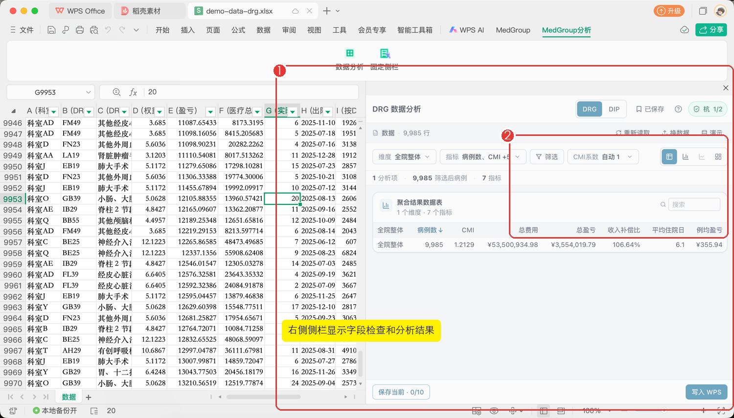 WPS 工作簿右侧数据分析侧栏，标出字段检查和聚合结果区域