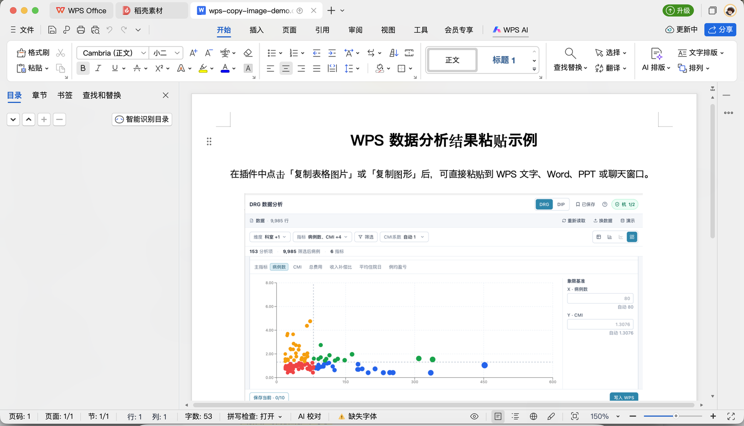 WPS 文字真实窗口，展示数据分析结果图片粘贴到文档中的效果